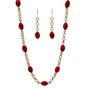 Red glass bead necklace and earring set made with oval glass beads an gold chain